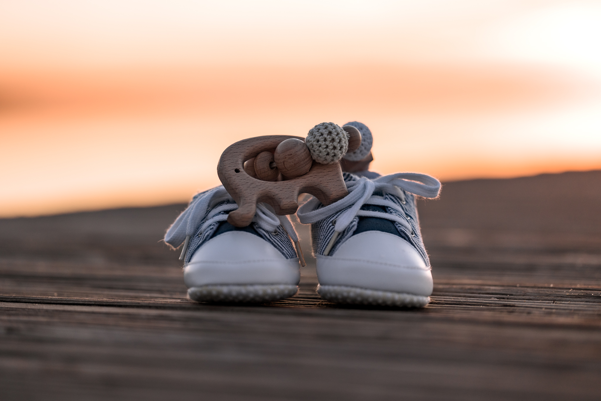 Babyschuhe mit Kuscheltier im Sonnenuntergang - Symbol für besondere Erinnerungen und neue Lebensabschnitte.