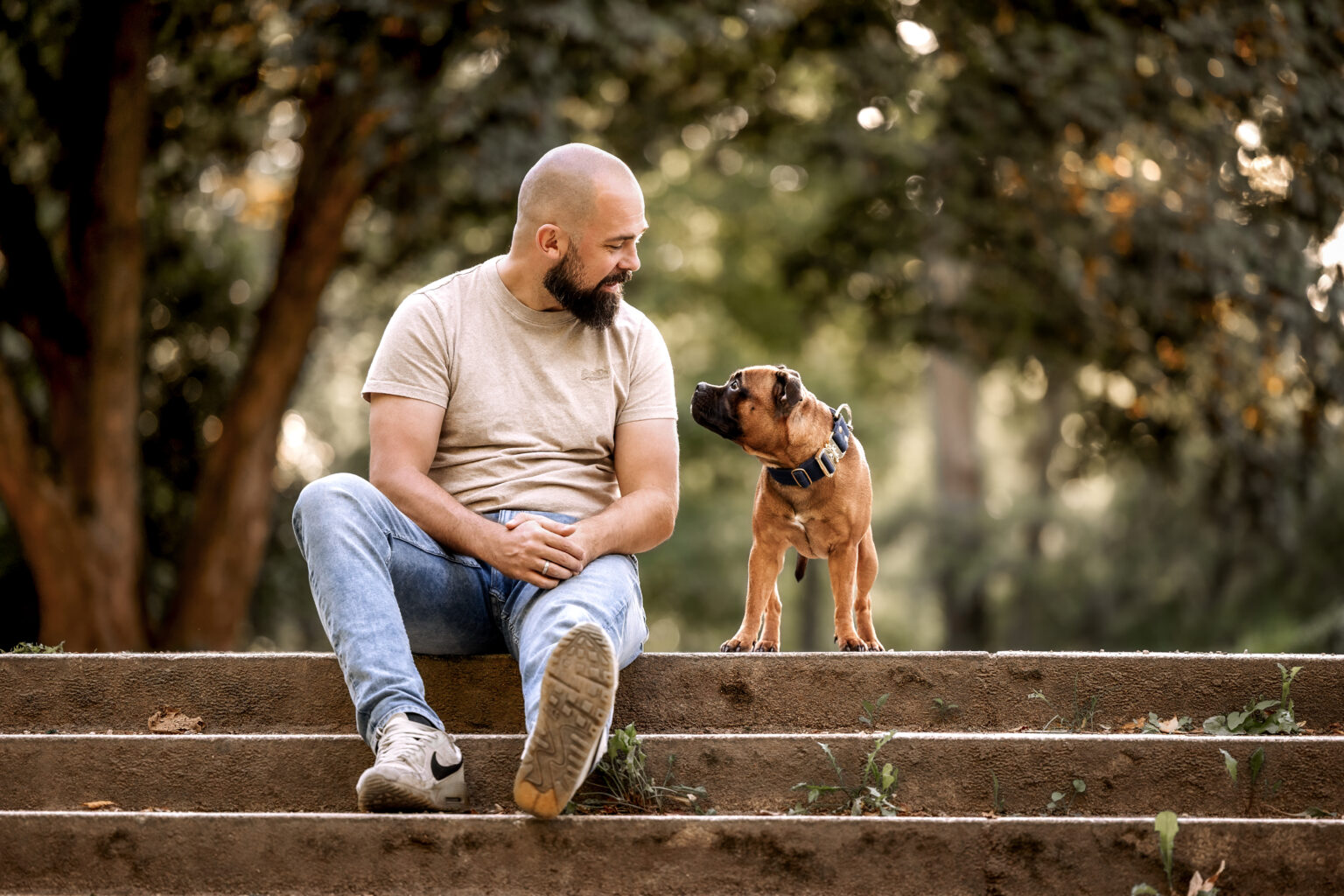 Mann sitzt auf Treppe und schaut liebevoll seinen Hund an – Hundefotografie Leipzig mit natürlicher Lichtstimmung.